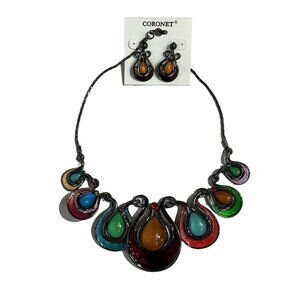 Coronet Statement Necklace Earring Set Multi Color Abstract Gunmetal‎ #50167